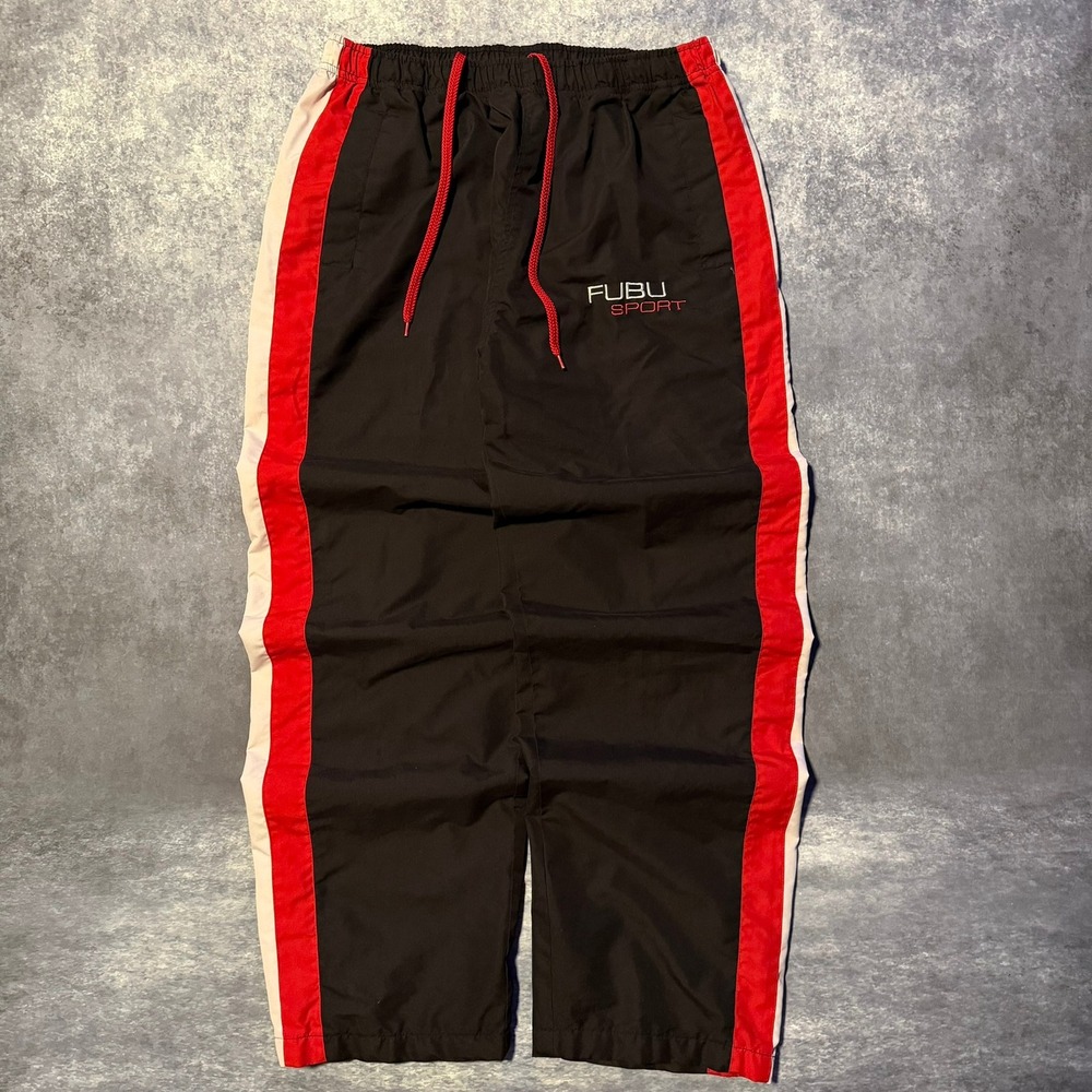 VTG 90s Y2K FUBU Sport Track Pants Mens Large Black Red White Striped Mesh Lined